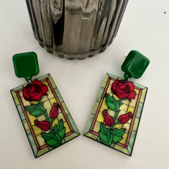 Art Nouveau Floral Stained Glass Earrings- Dangle Retro Flower Earrings - Picture 9 of 16